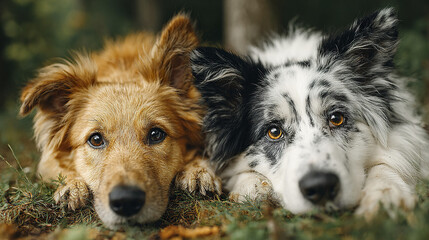 Two dogs resting on grass with warm tones and shallow depth of field, showing their expressive eyes and relaxed posture in natural outdoor setting