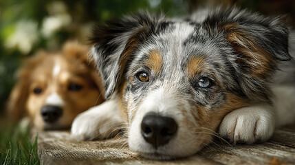 Two dogs resting on wooden surface with warm tones and shallow depth of field creating calm and peaceful atmosphere in natural outdoor setting