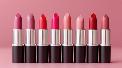 Colorful Array of Lipsticks on Pink Background Showcasing Various Shades for Makeup and Beauty Enthusiasts