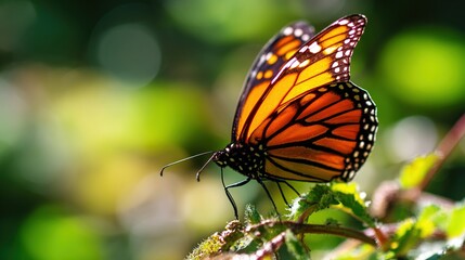 Obraz premium metamorphosis. Monarch butterfly mid-flight with vibrant orange and black wings against green foliage. wildlife magazines, conservation campaigns, designed for nature documentaries and education.