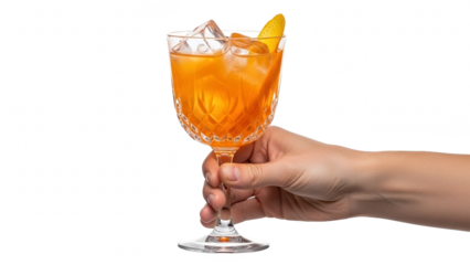 Hand holding a refreshing orange cocktail with ice and garnish isolated on transparent background