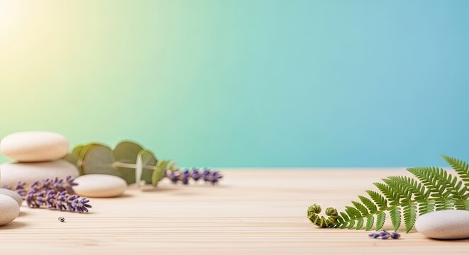 Zen stones and fern leaves on a wooden table with a blue and green gradient background. - Powered by Adobe