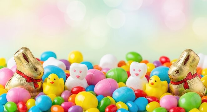 A colorful assortment of Easter candies and chocolate bunnies on a pastel background.