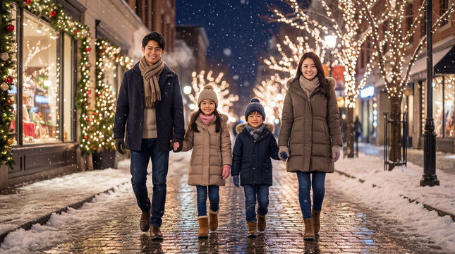 雪の街でお出かけする家族