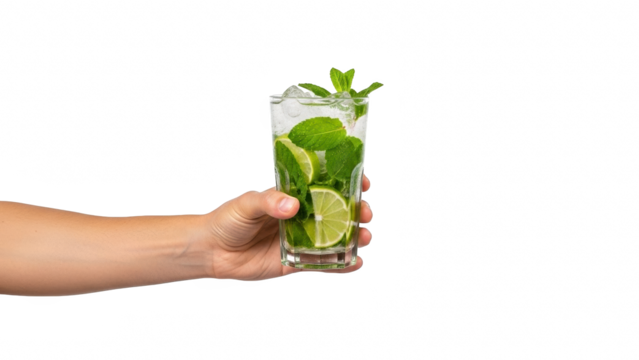 Hand holding a refreshing mojito cocktail with lime and mint isolated on transparent background - Powered by Adobe