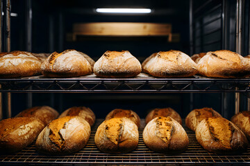 Freshly baked loaves of black bread on metal shelves