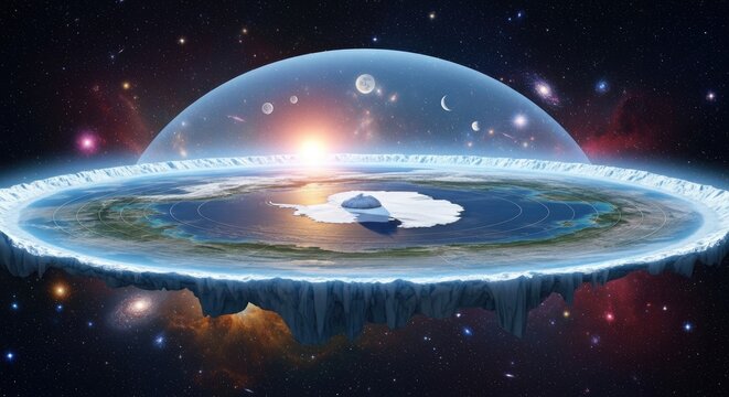 A futuristic, floating, dome-shaped planet with a blue and green ocean, surrounded by a ring of ice and a starry, cosmic background. - Powered by Adobe