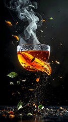 Hot spiced tea in a glass mug with cinnamon stick and citrus slices, steam rising, surrounded by falling herbs and spices on a dark background