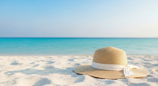 A straw hat with a white ribbon on a sandy beach with a clear blue sky and calm ocean in the background.