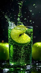 Refreshing green soda with slices of fresh falling into vibrant green fizzy drink with bubbling effervescence in a clear glass on dark background