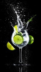 Elegant highball glass with fresh lime slices and mint leaves bursting with water splash on black background for refreshing beverage concept