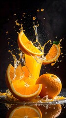 Refreshing and Juicy Orange Beverage Splashing with Fresh Orange Slices and Water Droplets in a Dynamic Black Background for Summer Refreshment and Fruit Drink Concept