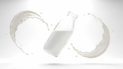 White milk splash swirling around a glass bottle on a clean white background, representing freshness and purity