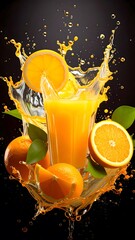 Refreshing orange juice splash with fresh whole and sliced oranges and vibrant green leaves on black background creating a lively juicy beverage scene