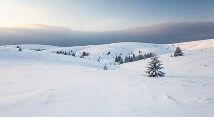Snow-covered landscape with pine trees and distant mountains under a clear sky.
