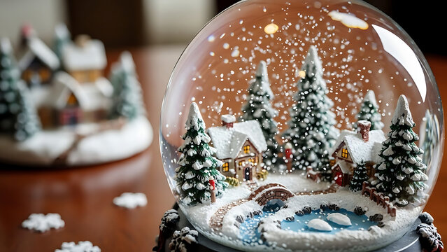 Close up of a festive christmas snow globe with miniature village and falling snowflakes - Powered by Adobe
