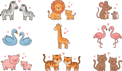 Cute animal parent-baby pairs illustration set featuring safari, farm, and bird families with hearts, perfect for children’s designs and educational projects
