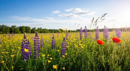 A vibrant meadow filled with purple lupine and yellow buttercups under a clear blue sky with scattered clouds.