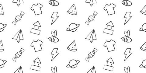 Seamless pattern set of hand-drawn vector doodle icons. Black and white, minimal, outline repeating background with space, candy, clothing, nature, and geometric elements. For textiles, kids, packagin