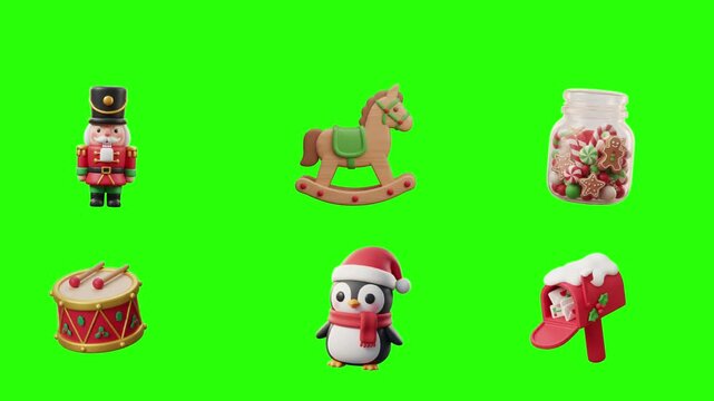 Adorable 3D Christmas icon collection with rocking horse, drum, advent calendar, candy jar, penguin, mailbox, nutcracker, festive cartoon style