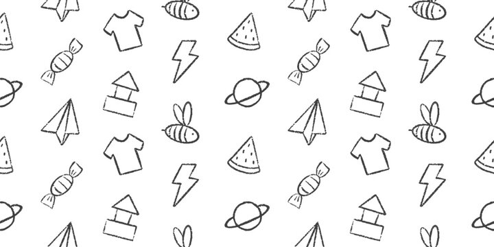 Seamless pattern set of hand-drawn vector doodle icons. Black and white, minimal, outline repeating background with space, candy, clothing, nature, and geometric elements. For textiles, kids, packagin