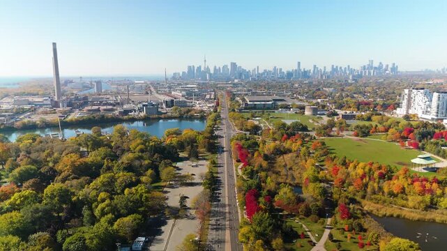 TORONTO, ONTARIO - OCTOBER 20, 2024: Marathon runners on Autumn road with Toronto skyline