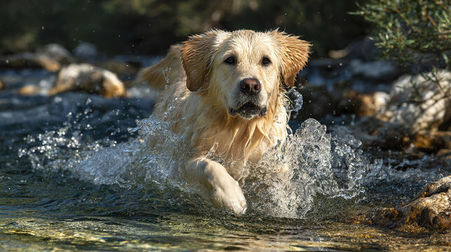 Golden retriever dog running through river water splashing with energetic motion in bright natural daylight outdoor scene