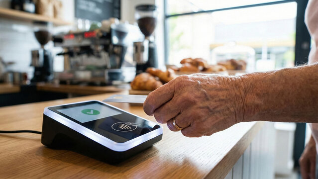 Active aging lifestyle embraces economy with silver haired individuals using contactless payment technology in modern cafe setting