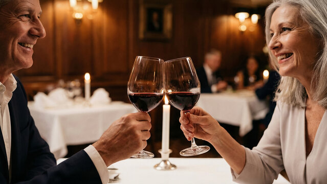 Active aging lifestyle with silver haired couple enjoying red wine toast in elegant economy restaurant setting