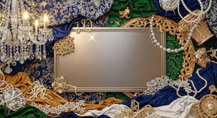 A luxurious gold and blue frame with intricate designs, adorned with sparkling jewels and pearls, set against a rich, ornate background with intricate patterns and vibrant colors.