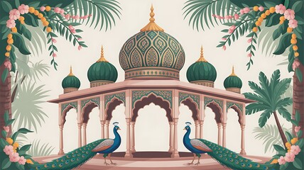 Traditional Mughal garden scene in Pichwai style featuring peacock and arches, designed for wallpaper