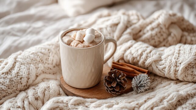 Creamy hot chocolate in white ceramic mug with marshmallows on knit blanket for cozy winter branding holiday recipes and seasonal lifestyle content

