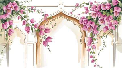 Traditional Mughal garden scene in Pichwai style featuring peacock and arches, designed for wallpaper