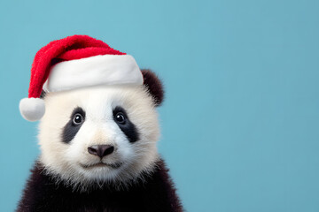 Panda bear in a Santa hat on a blue background