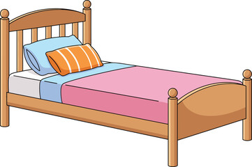 Vector illustration of a wooden single bed with pillows and colorful bedding, isolated on white background for interior design and decor use.