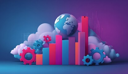 Data Visualization Concept: Globe Surrounded by Colorful Bar Graph and Gears Against Abstract Background, Business Analytics Representation