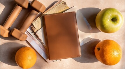 Dumbbells, fruit, and notebook for health goal planning, Concept of setting New Year's fitness and health resolutions, Active healthy lifestyle