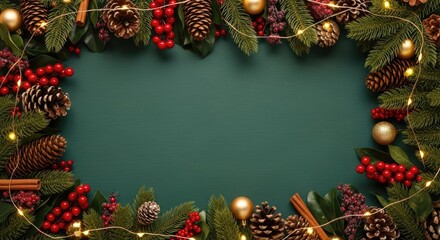 Christmas wreath with pine cones, berries, and lights on a green background.