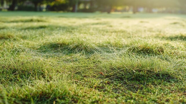 stolon. Lush green lawn with stolon network connecting grass clusters, morning dew. gardening catalogs, home-decor guides, designed for gardening and botanical catalogs, enhances decor appeal.