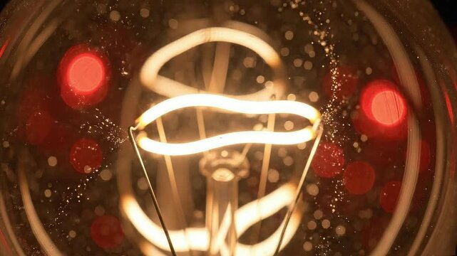 Extreme cinematic close-up of a holiday light filament glowing warmly. Visible heating coil and illuminated micro dust particles. Sharp focus with a soft red bokeh background. No Audio.