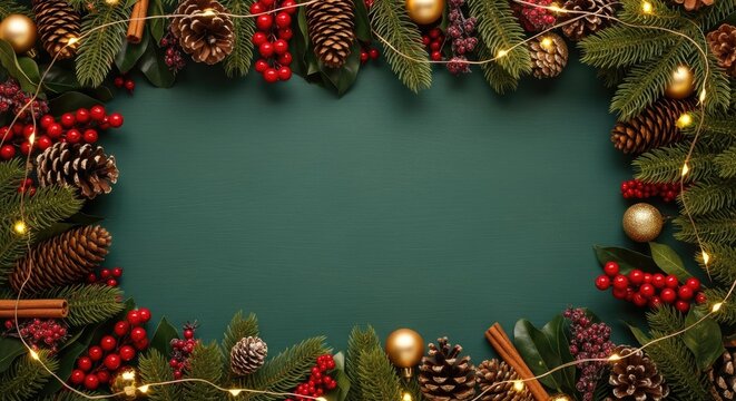 Christmas wreath with pine cones, berries, and lights on a green background. - Powered by Adobe