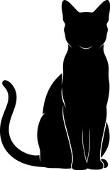 Minimalist black cat silhouette sitting upright with a long elegant tail on a clean white background perfect for graphic design projects