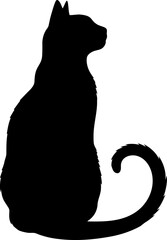 Minimalist black cat silhouette sitting elegantly upright with a long flowing tail perfect for graphic design projects and feline art