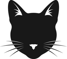 Simplified minimalist black cat head silhouette with pointed ears and subtle whiskers perfect for pet branding and animal themed designs