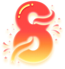 Red yellow gradient number 8 digit with ribbon and confetti