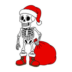 Skeleton Santa with Gift Bag Cartoon Illustration