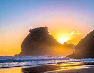 Sunset over a rocky coastline, with vibrant colors and ocean waves