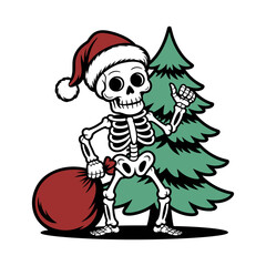 Skeleton Santa with Christmas Tree and Gift Bag Illustration