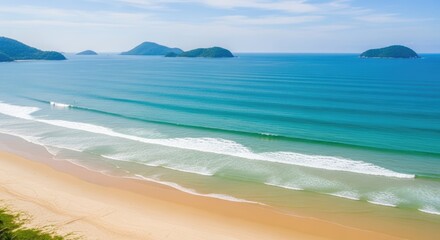 A serene beach scene with turquoise waters and sandy shores.
