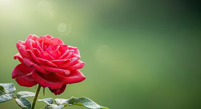 A vibrant red rose with dew drops on its petals against a blurred green background.